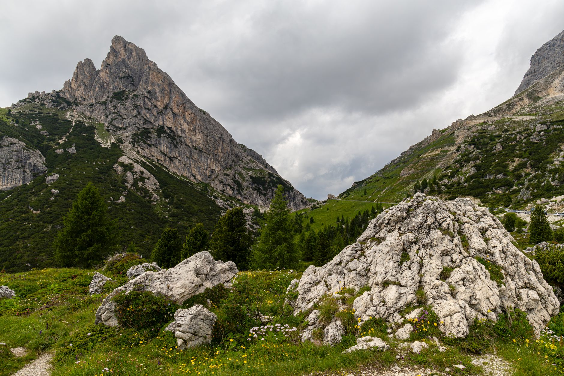 Jagged limestone spires in the Italian Dolomites during morning light